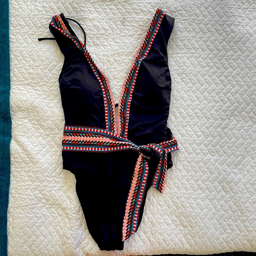 Kenneth Cole black plunge one piece bathing suit with waist tie